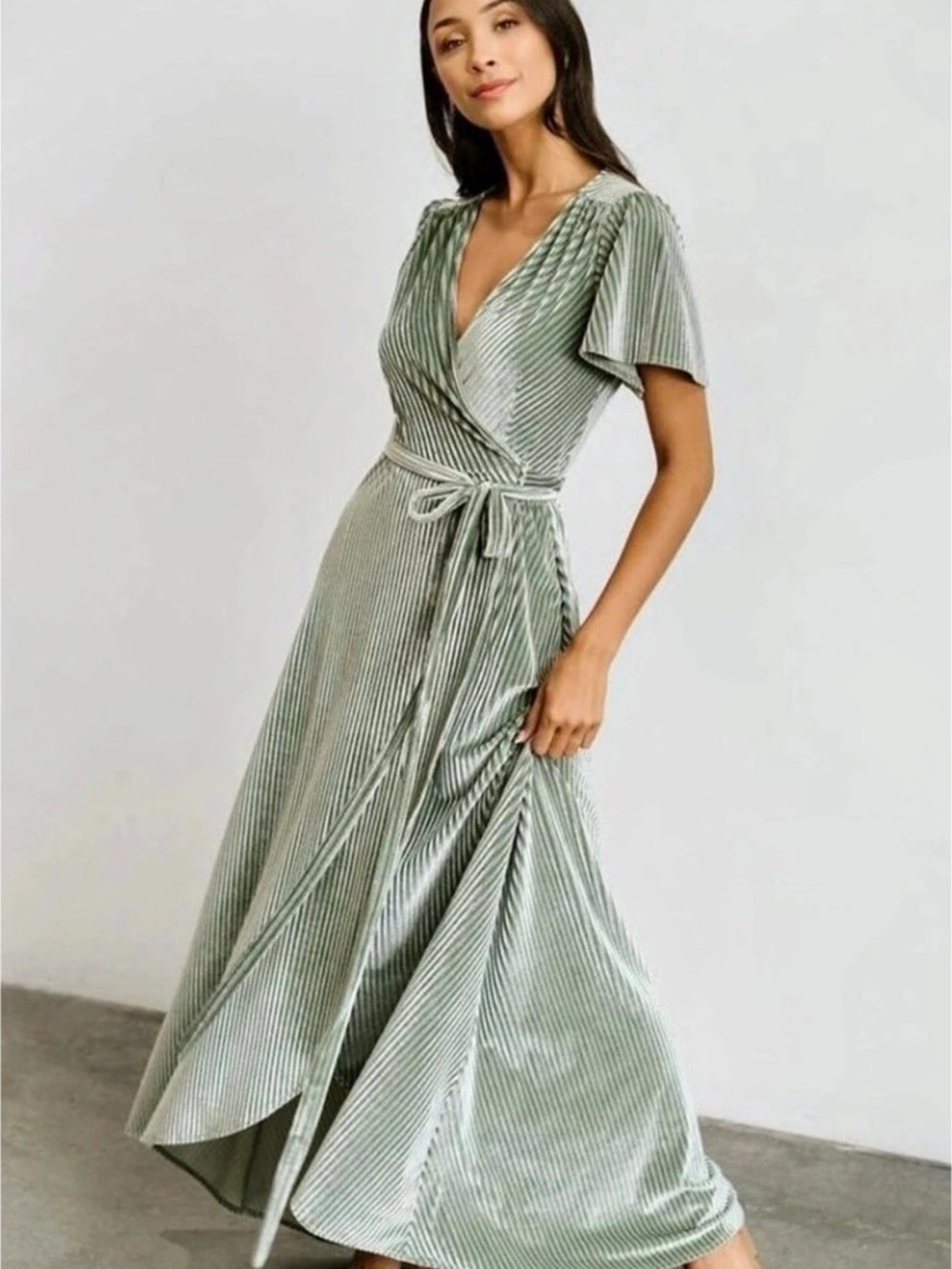 PinkBlush Green Pleated Velvet Wrap Maxi Dress Green & White Medium